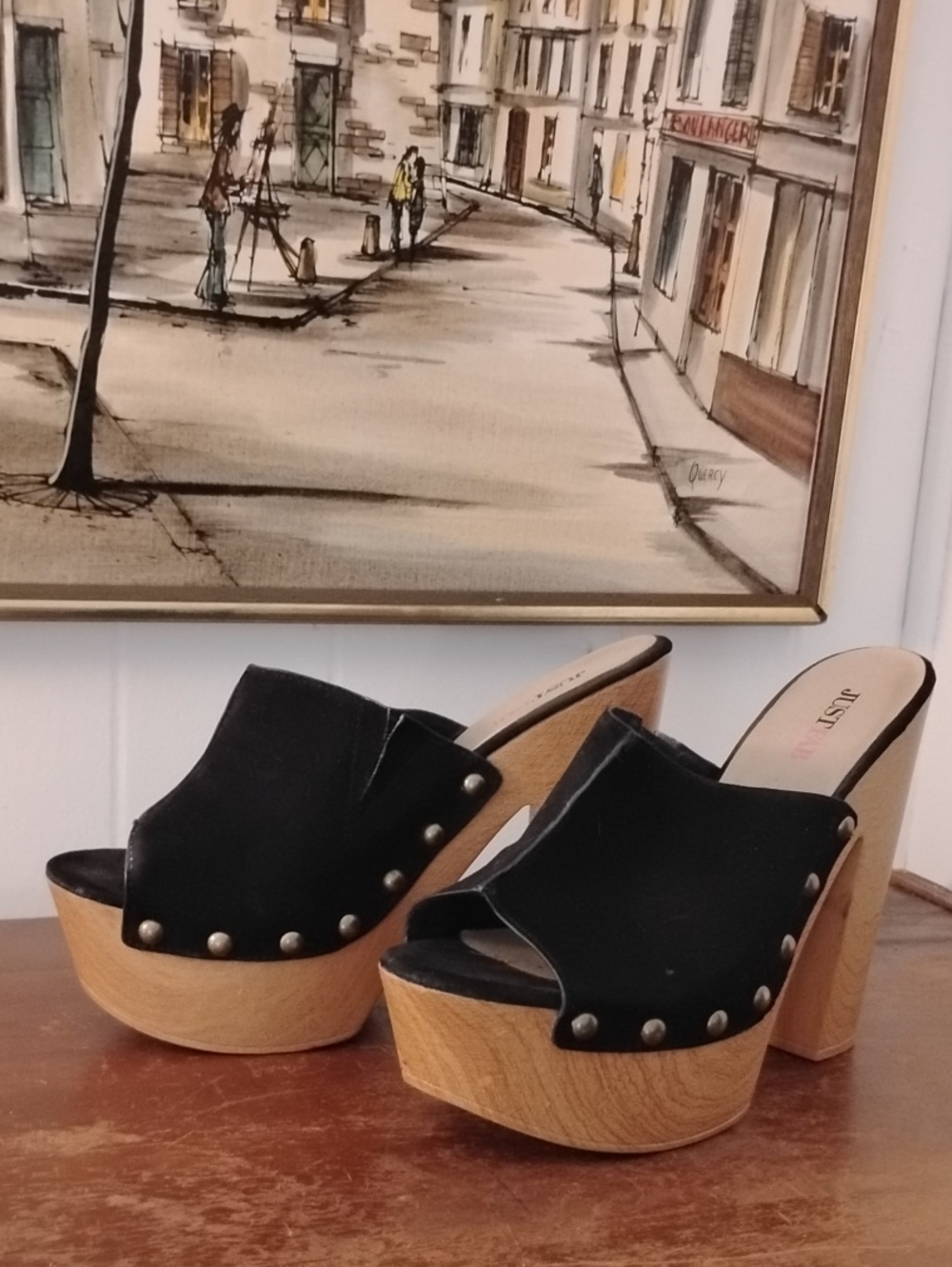 JustFab Black Studded Suede Platform Mules with Wood-Look Heel